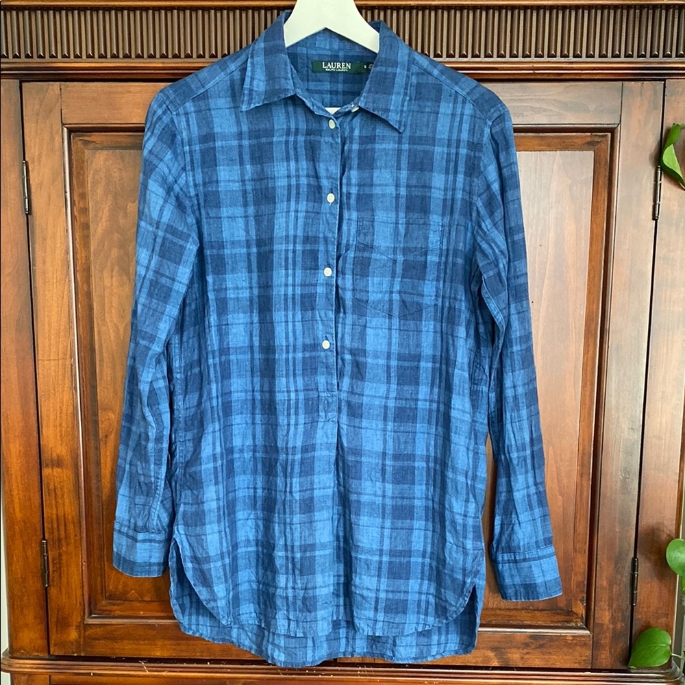 Ralph Lauren Lauren 100% Linen woven blue plaid tunic half button front